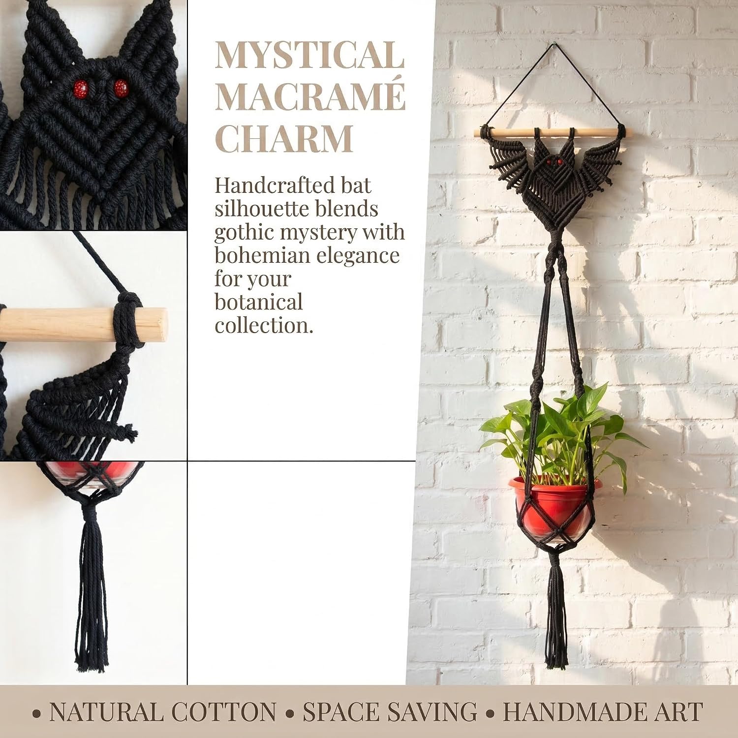 2-Pack Boho Bat Shape Gothic Plant Hanger, Macrame Handmade Pot Holder with Wooden Stick, Black Color Pot Holder for