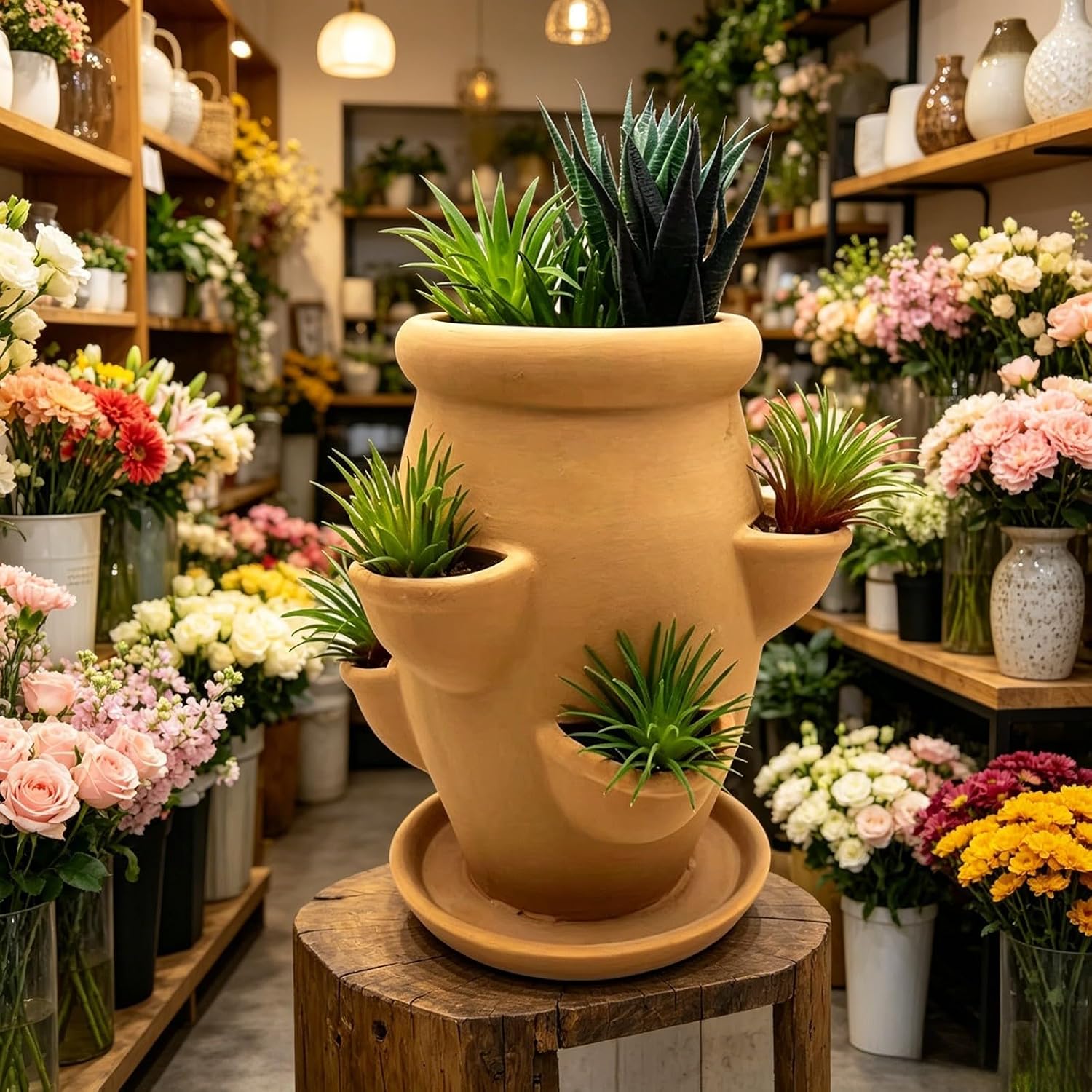 Strawberry Planter Pot Tower,Multi-Pocket Vertical Terracotta Plant Pot,Embossed Stacked Growing Pot for Succulent Herb