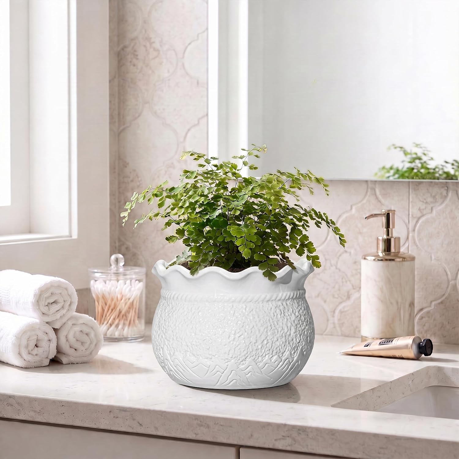 Ceramic Flower Pots, 6 Inch Plant Pot for Indoor Plants, White | Decorative Pots for Plants with Drainage Hole, Unique