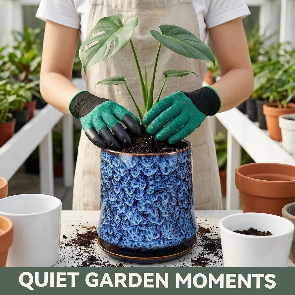 8 Inch Ceramic Planter Pot with Saucer Drainage Leak-Proof Mesh,Flower Pots for Lavender with Gardening Gloves,Ceramic
