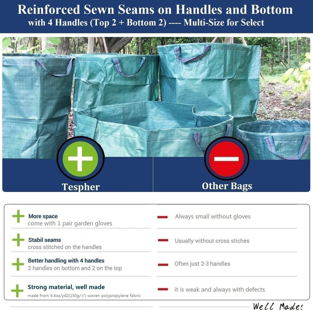 Standard 3-Pack 32 Gallon Lawn Garden Bags (D18,H30 inch) Yard Waste Bags with Gardening Gloves - Reusable Leaf