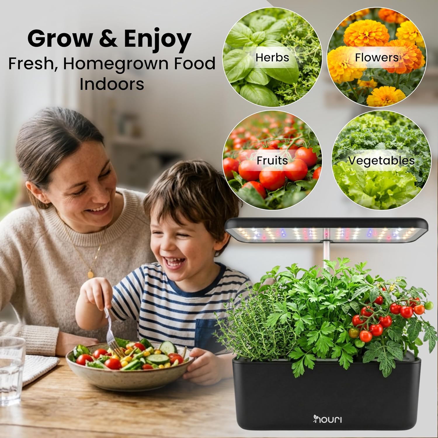 Nouri Hydroponics Growing System, 7 pod Smart Indoor Herb Garden Kit with LED Grow Lights, Hydroponic Herb Garden