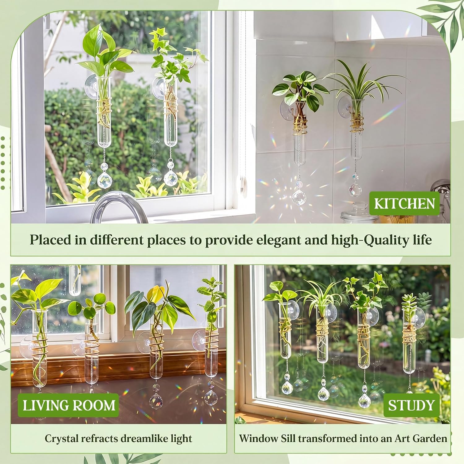 Zhehao 4 Set Window Hanging Propagation Stations 5.9'' Plastic Propagation Vases with Suction Cup & Crystal Pendants