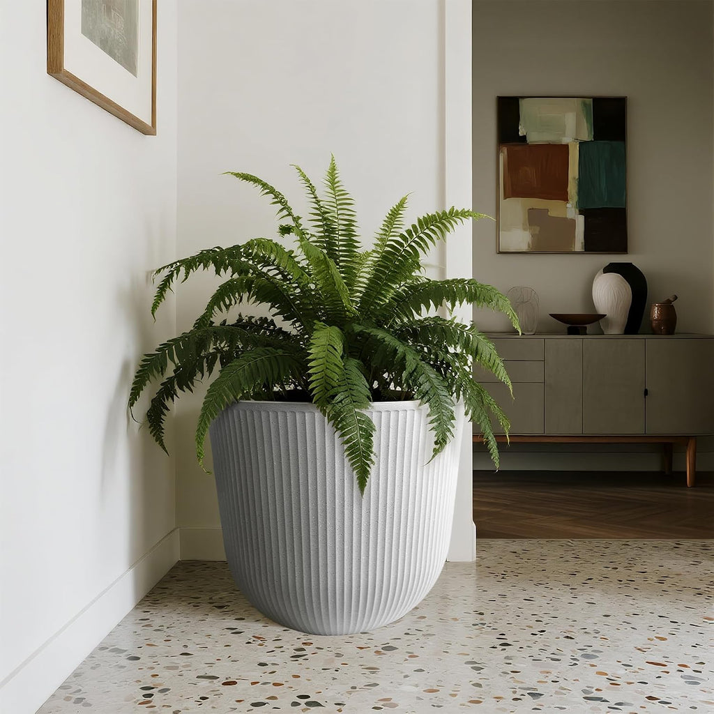 Worth Garden Round Large Planter Pot Set of 2-17.5" Dia x 15.5" H - Durable Plastic White Plant Tree Pots with Vertical