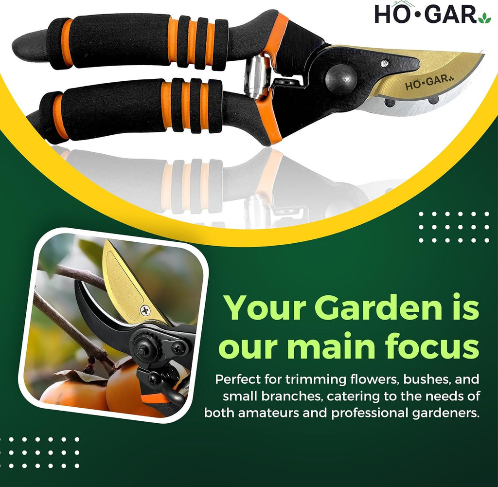 HO.GAR Premium Titanium Bypass Pruning Shears Kit: Heavy Duty Professional Hand Pruners, Gardening Scissors, Ergonomic