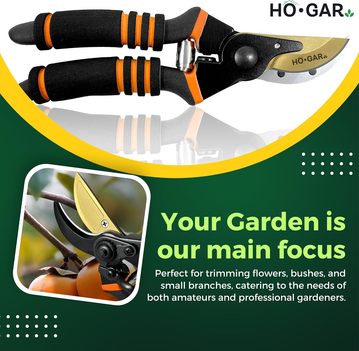 HO.GAR Premium Titanium Bypass Pruning Shears Kit: Heavy Duty Professional Hand Pruners, Gardening Scissors, Ergonomic