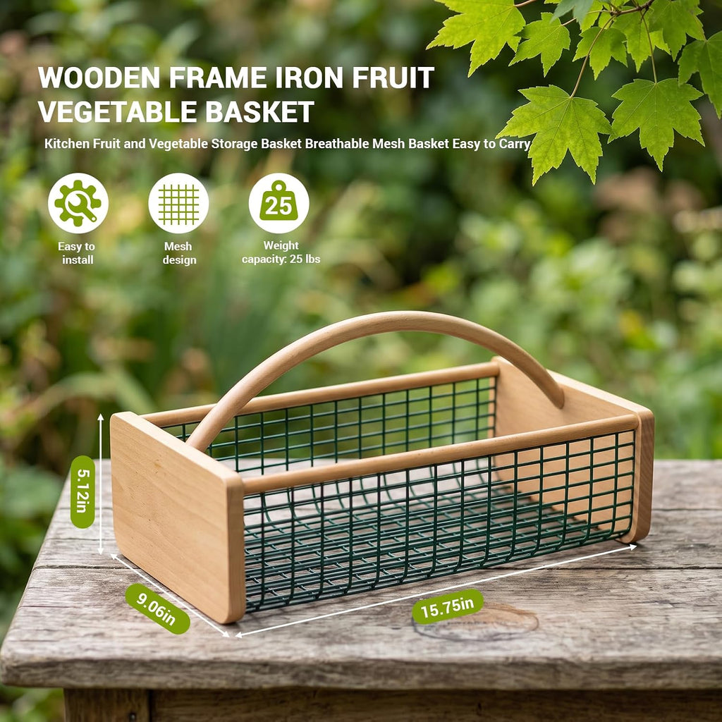 Garden Hod Harvest Basket, Wooden Garden Basket with Metal Mesh Handle | One Trip Harvest，Multipurpose Gardening Basket