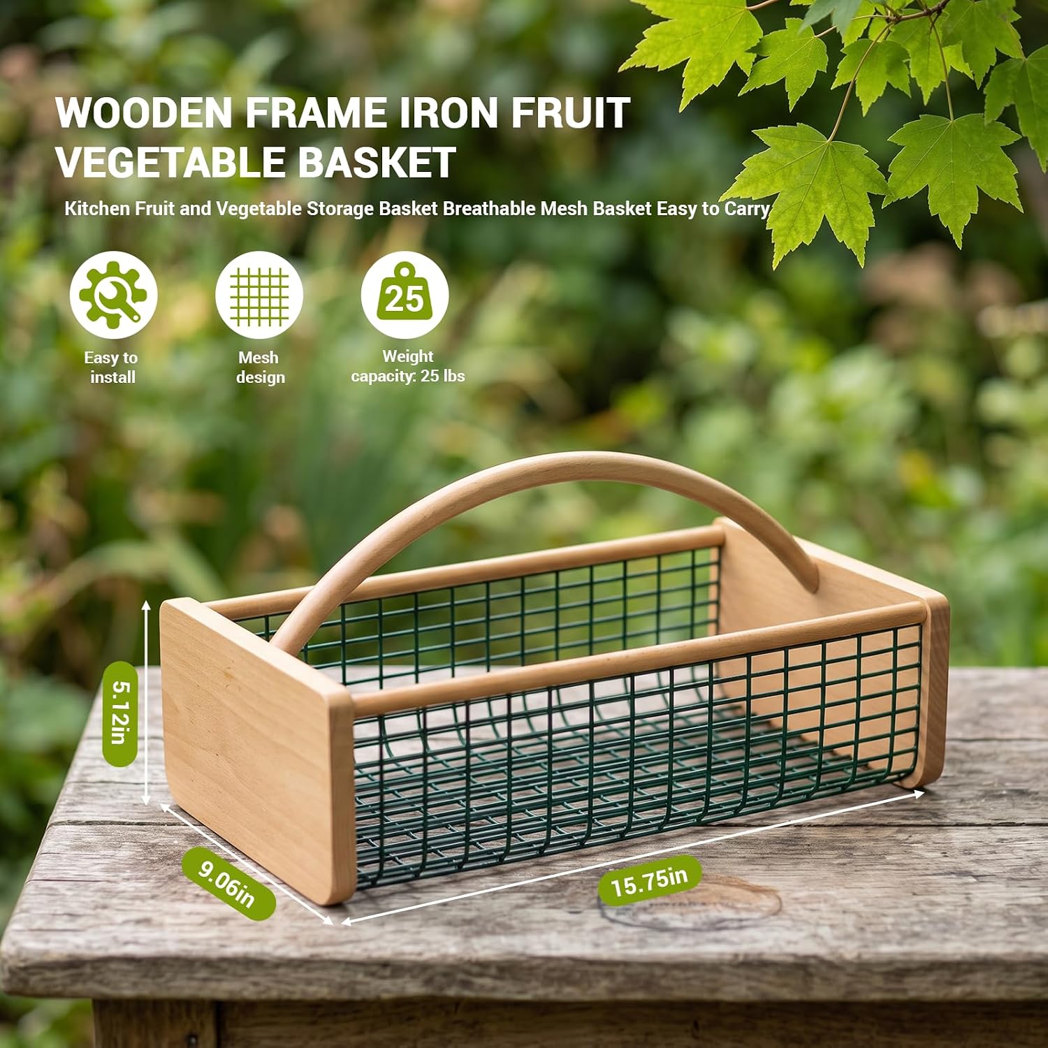 Garden Hod Harvest Basket, Wooden Garden Basket with Metal Mesh Handle | One Trip Harvest，Multipurpose Gardening Basket