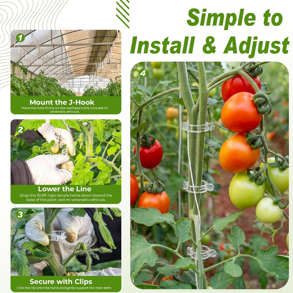 Hushee 100 Pack Tomato Hooks with 200 Garden Clips & 32.8ft String, Tomato Hooks for Climbing Plants, Heavy Duty Plant
