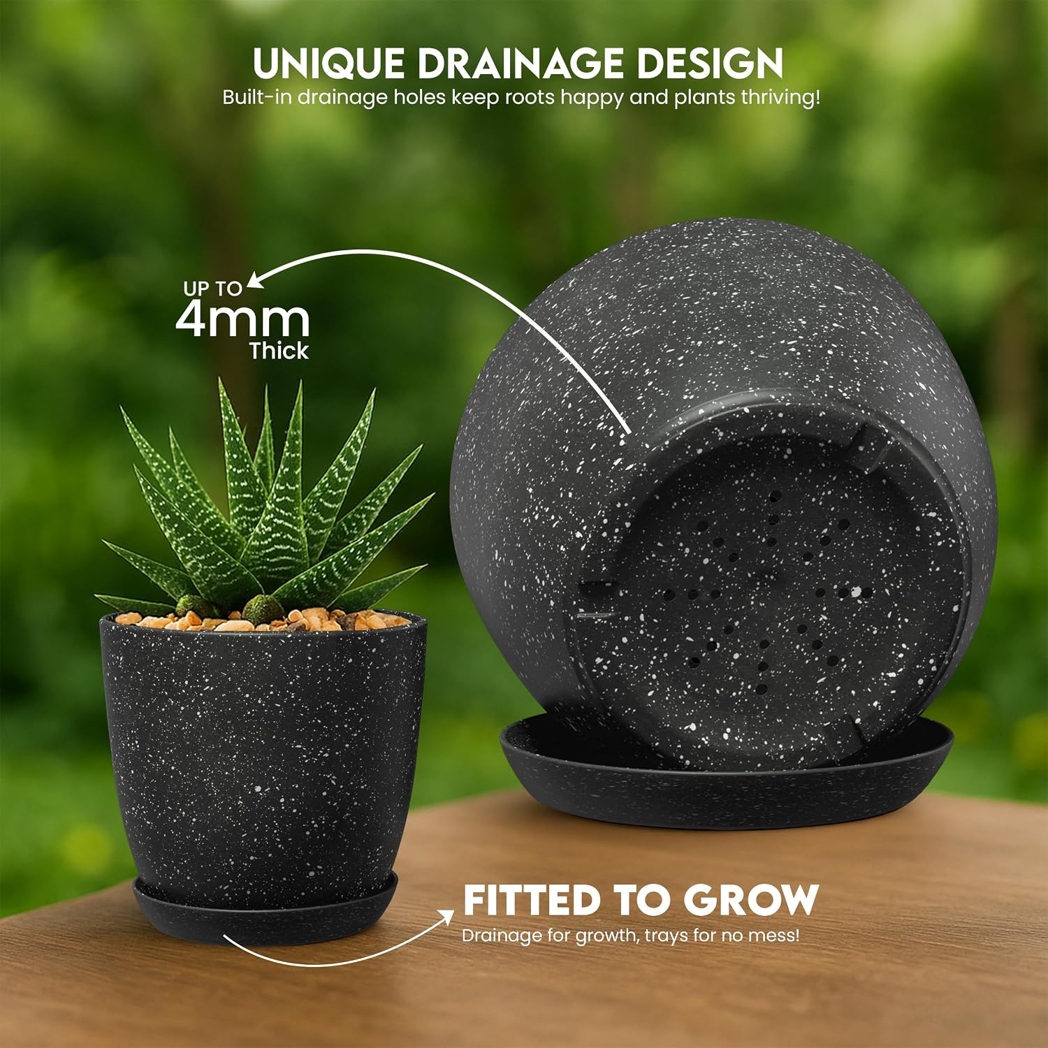 Plant Pots Indoor with Drainage 10 Pack Multi-Size Planters Spotty Black | Drainage holes included Multiple sizes