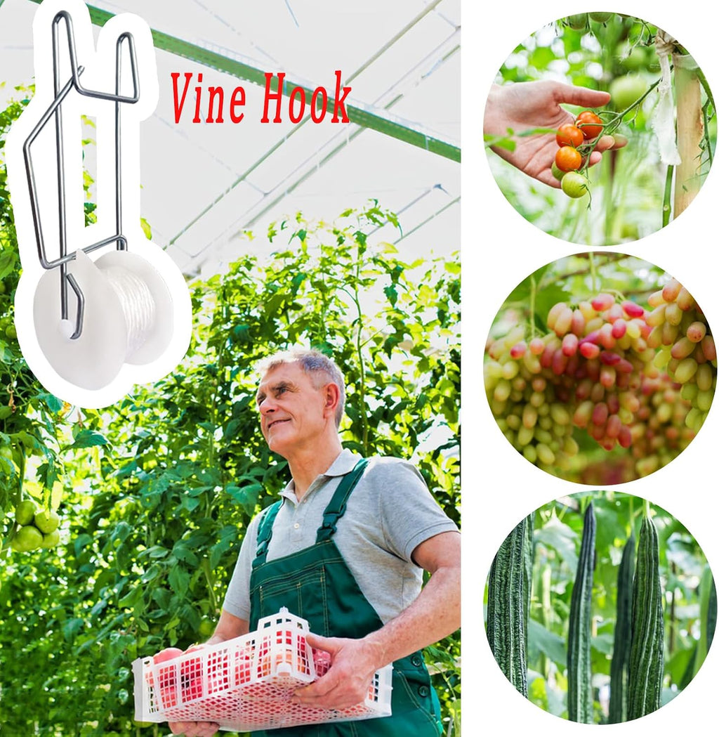 20Pack Tomato Trellis Roller Hooks,Greenhouse Trellising Kit with 100Pcs String Zip Ties for Tomatoes,Vine Twine
