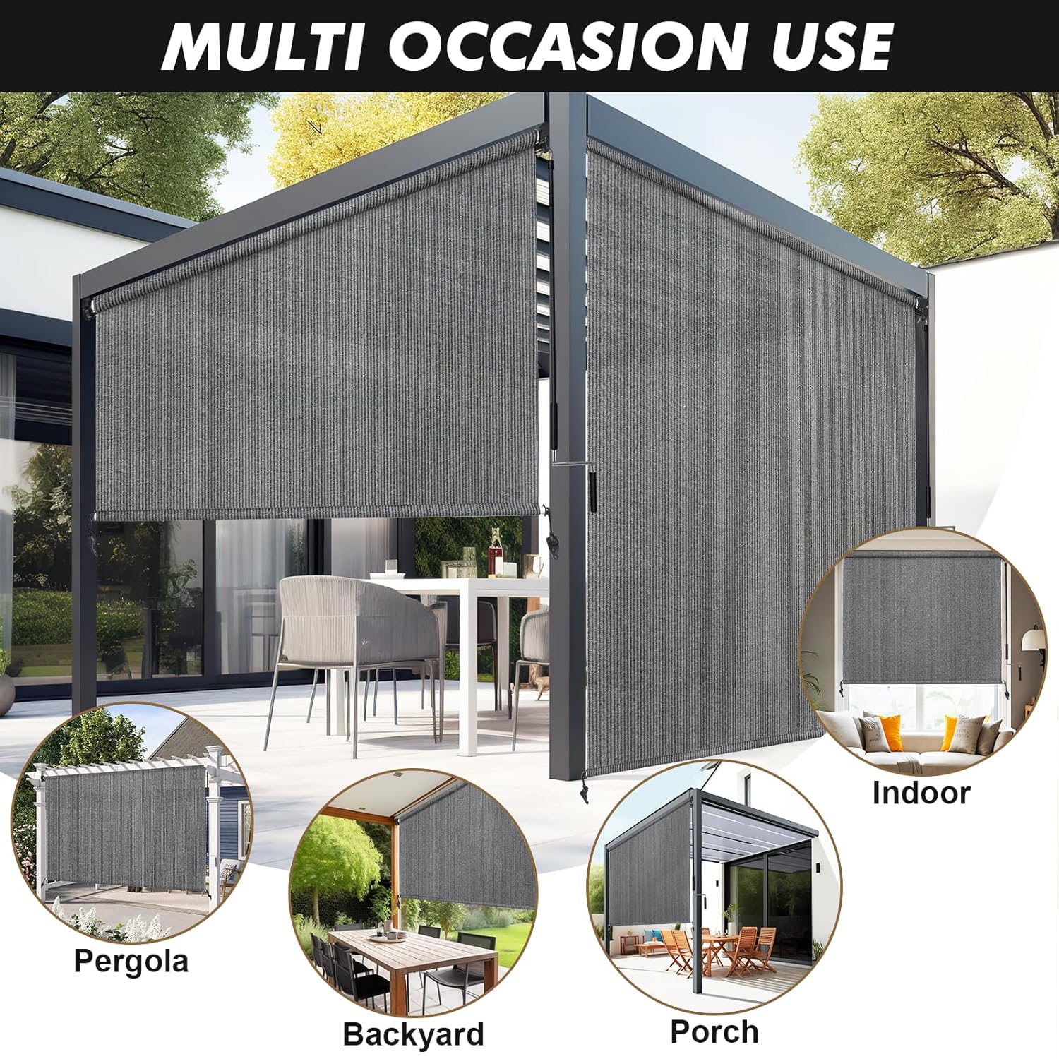 Outdoor Roller Shade 8' W x 8' H, Gray Exterior Cordless Patio Shades Roll Up Blinds with Spliced Pole Design, (2