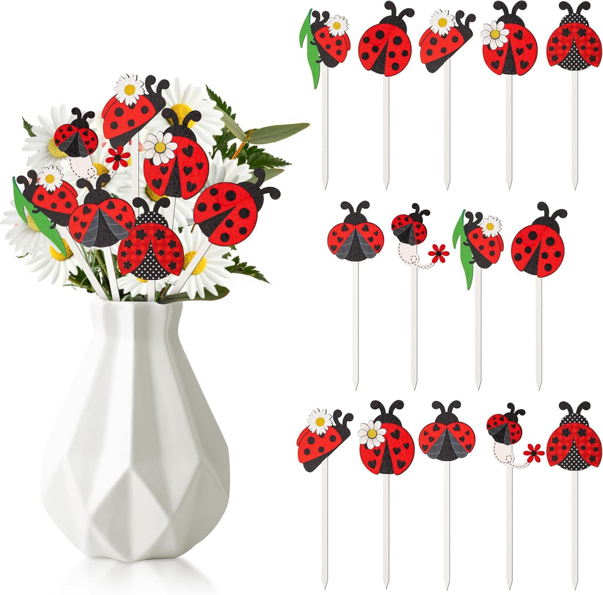 TICIAGA Summer Ladybug Wooden Picks - 14PCS Cute Ladybug Insect Double-Sided Wooden Decorative Picks for Home Vase Filler, Farmhouse Garden Theme Floral Pick for Summer Party Spring Holiday Supplies