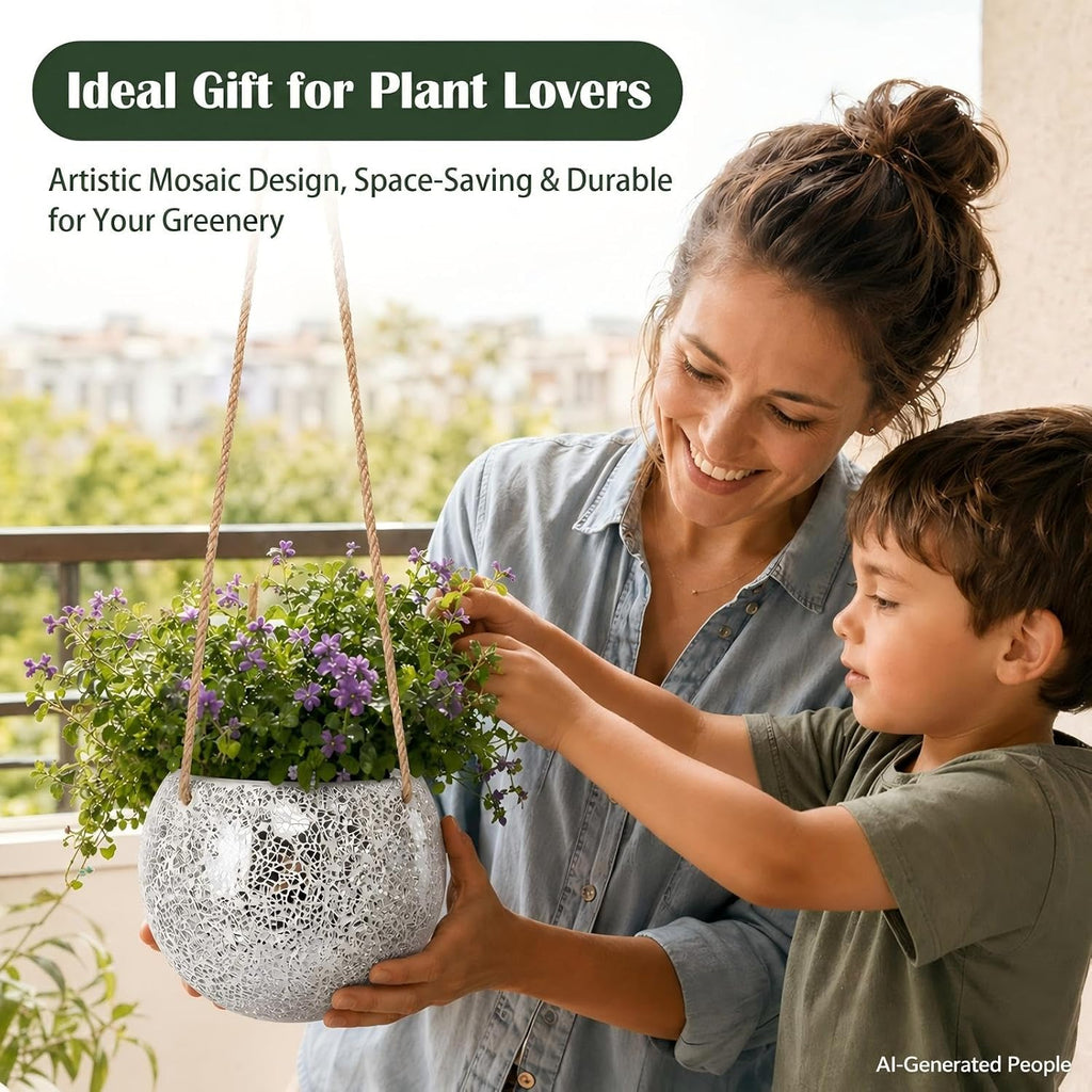 Ceramic Hanging Planter, Silver Small Flower Plant Pot Indoor Decor | Handmade Mosaic Disco Ball Design, with Drainage