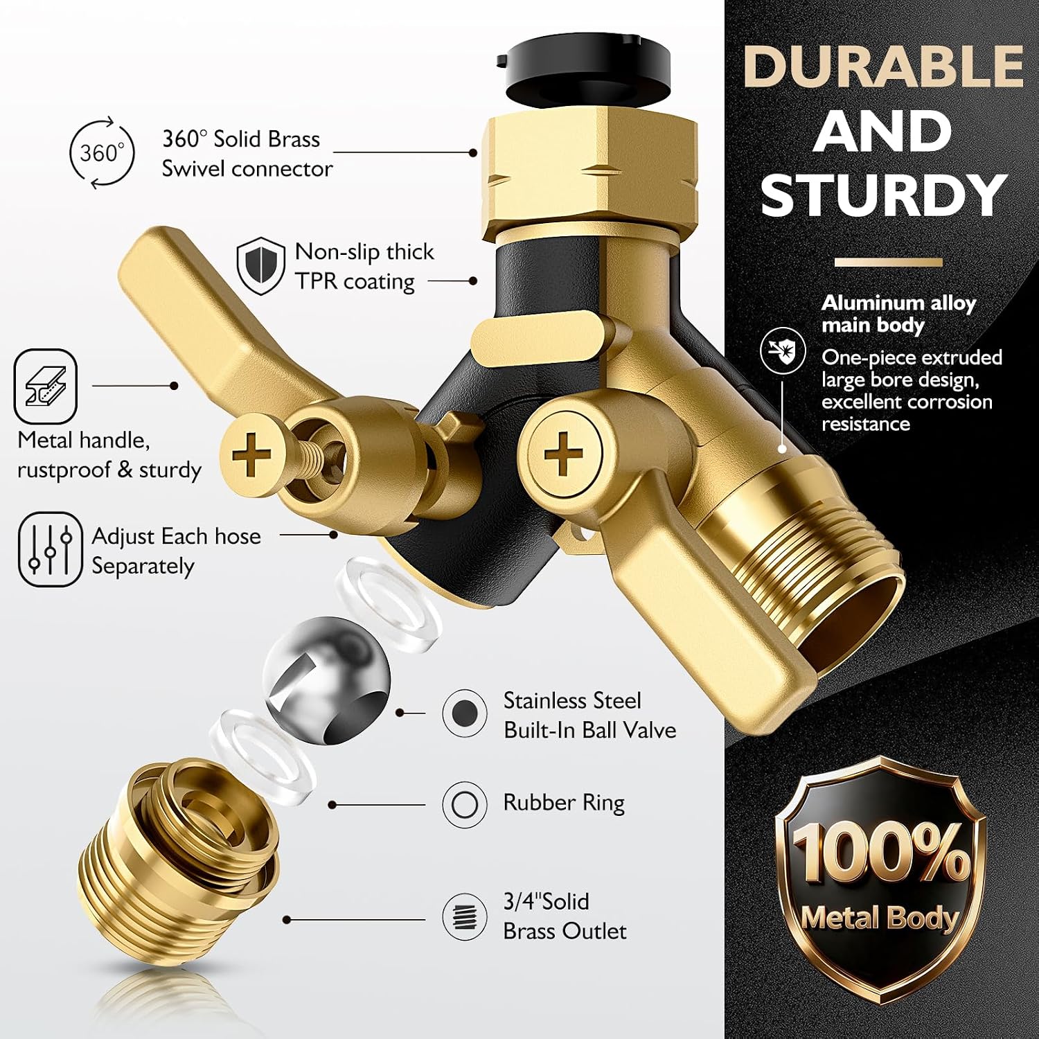 Garden Hose Splitter 2 Way Heavy Duty, Water Hose Bib Splitter with Shutoff Valves, Full Metal Body Y Hose Connector