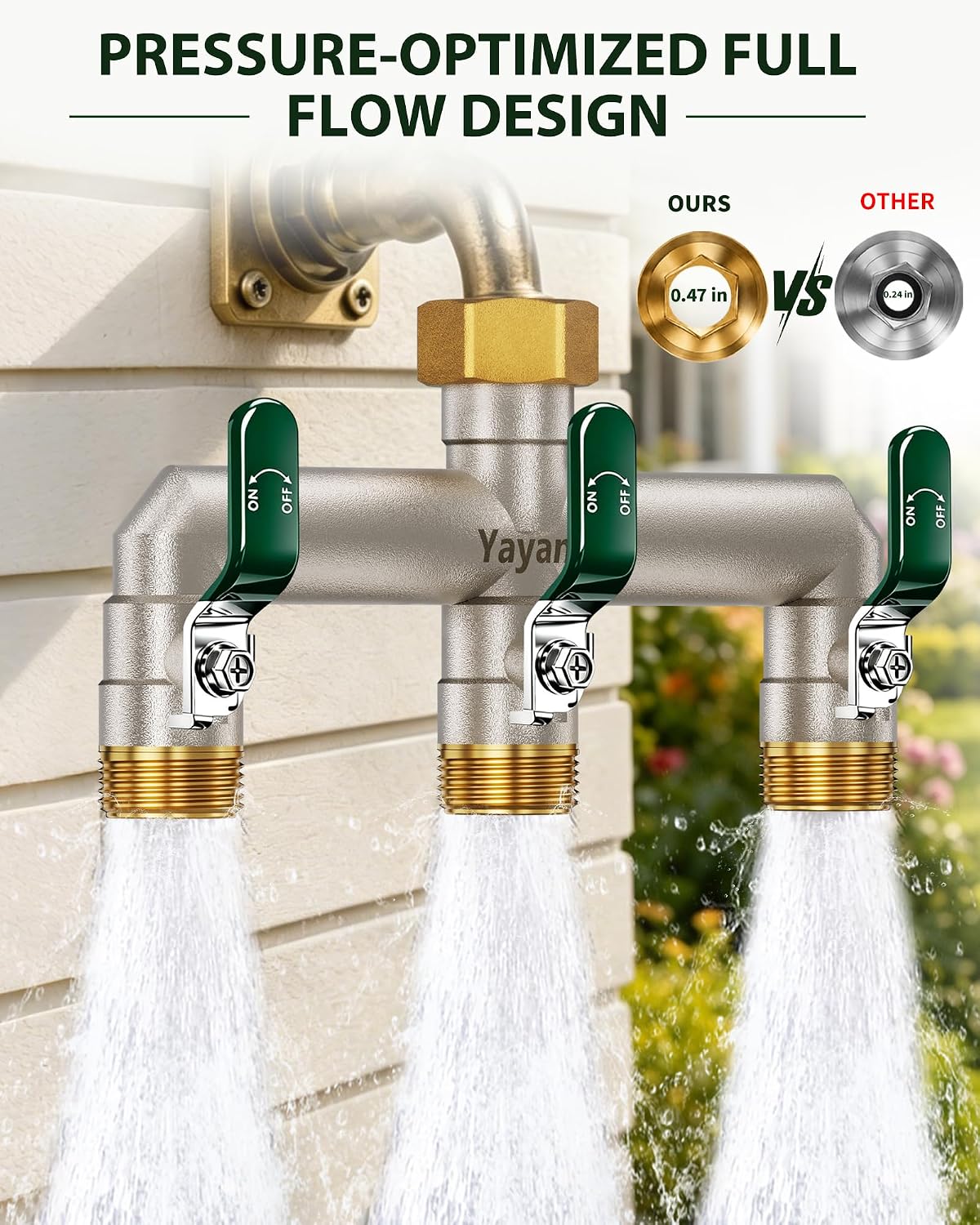 3 Way Garden Hose Splitter, 3/4" GHT Full Flow Hose Splitter | One-Piece Heavy Duty Full Brass Body with Shut-off