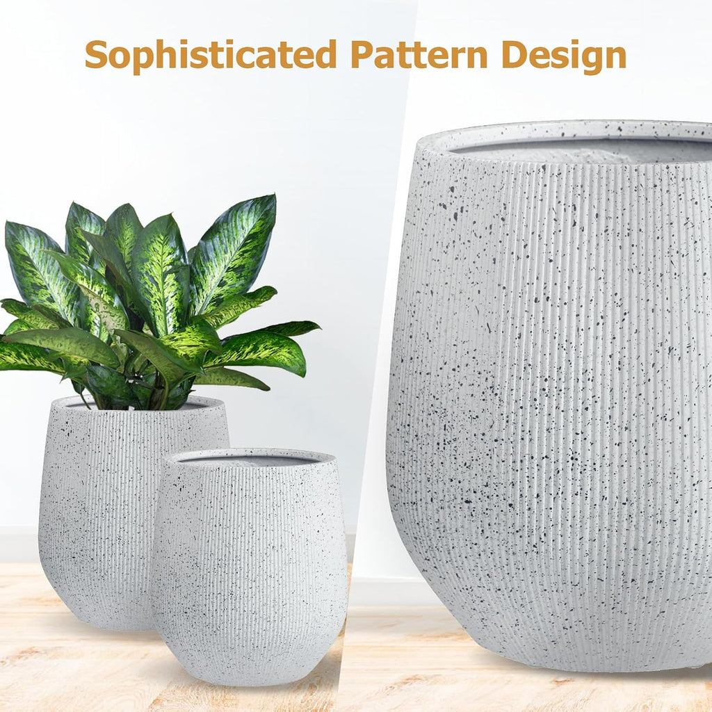 KUTE NEST 12.5"H x 11.5"D Premium Corso Fiberstone Planter - Speckled White | 9" Pot Opening, Ribbed, Included 2 Extra
