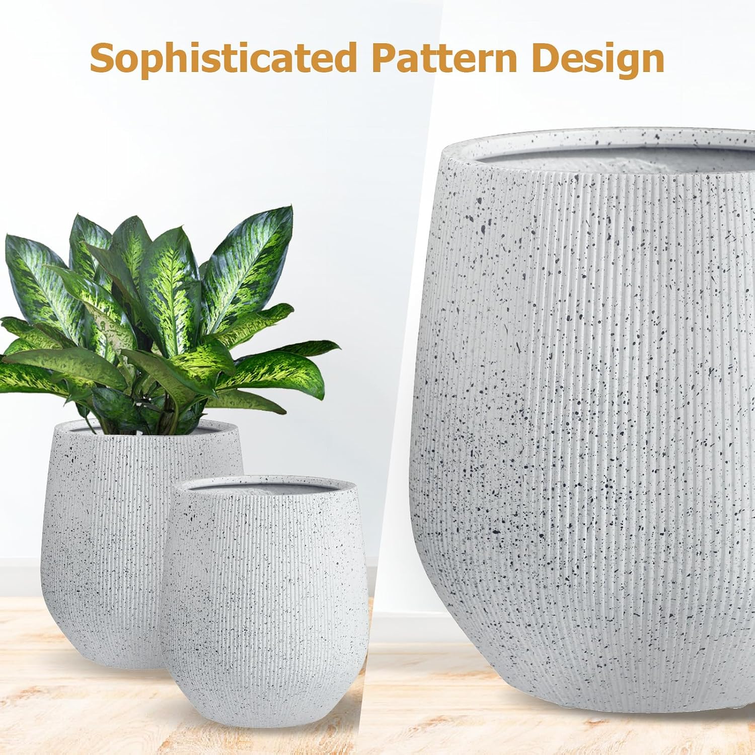 KUTE NEST 12.5"H x 11.5"D Premium Corso Fiberstone Planter - Speckled White | 9" Pot Opening, Ribbed, Included 2 Extra