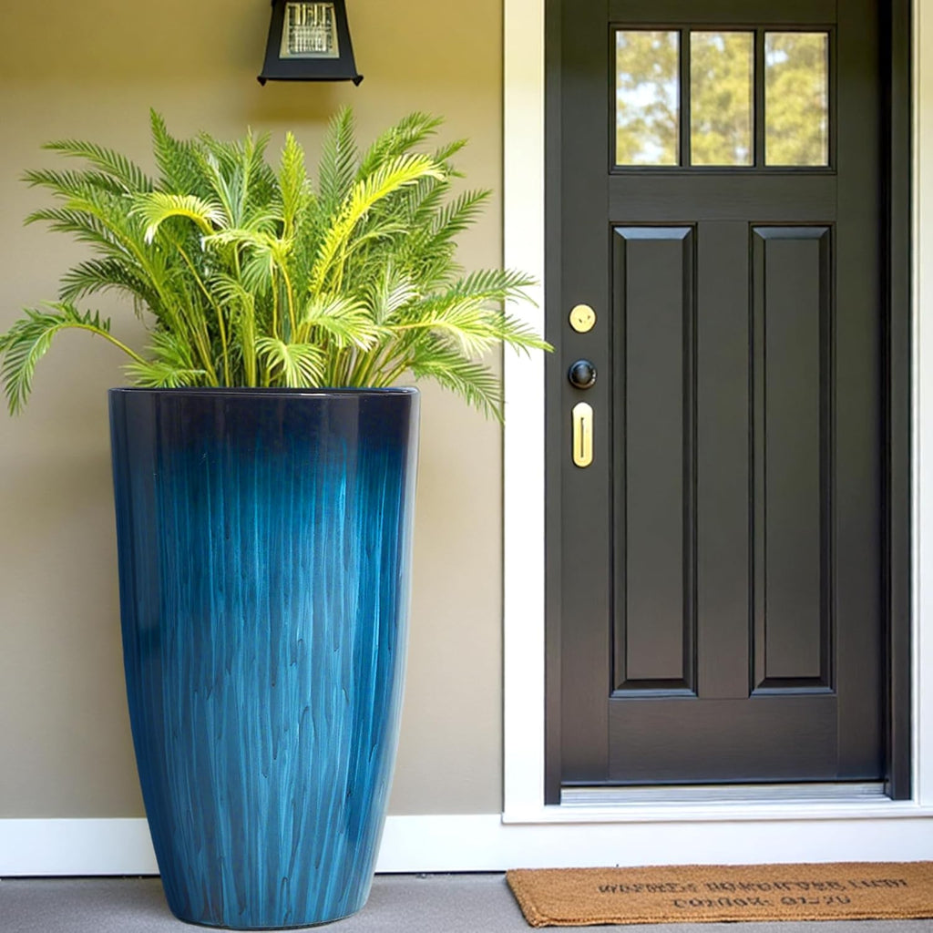 Worth Garden 20" H. Large Plastic Planters - Set of 2 Gradient Blue Glossy Smooth Finish - Tall Plant Pots for Indoor &