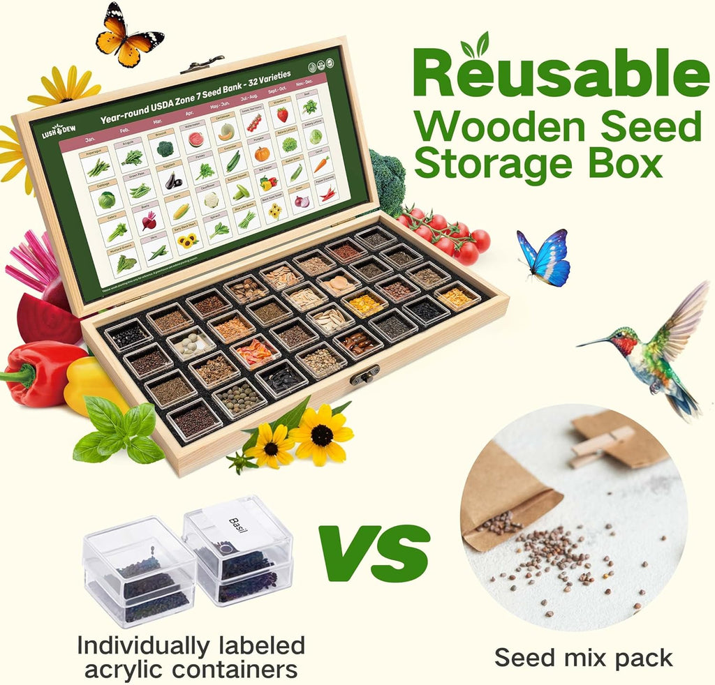 Year-Round Zone 7 Seed Bank, Gift for Mom Dad, 32 Varieties Heirloom Seeds | 30,000+ Non-GMO Vegetable Herb Flower