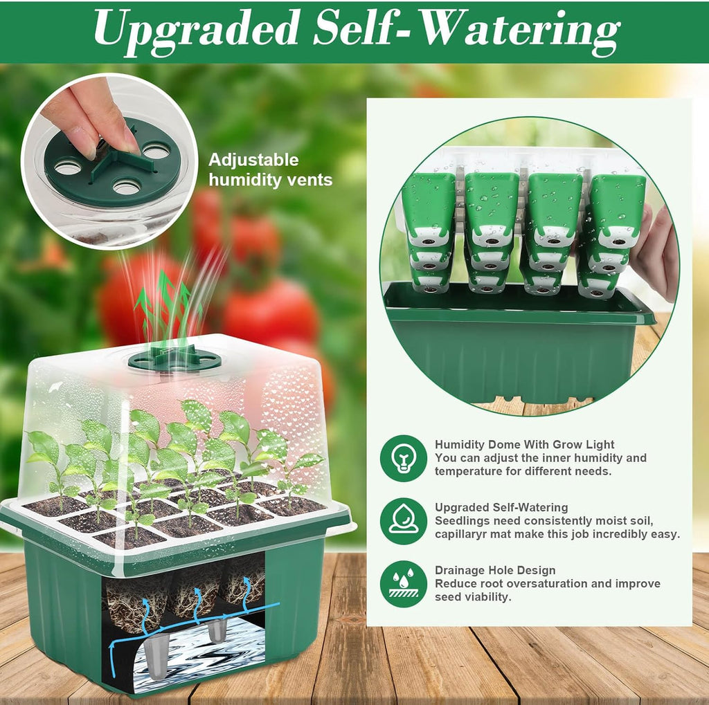 4 Set Self-Watering Seed Starter Tray Kits with Grow Light, Reusable Seed Germination Kit with Adjustable Humidity