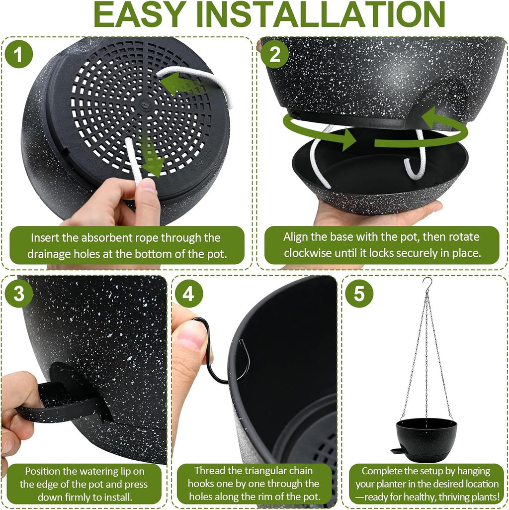 WOUSIWER Self Watering Hanging Planters, 2 Pack 10'' Plastic Pots with Drainage Holes & Reservoir Tray (Speckled Black)