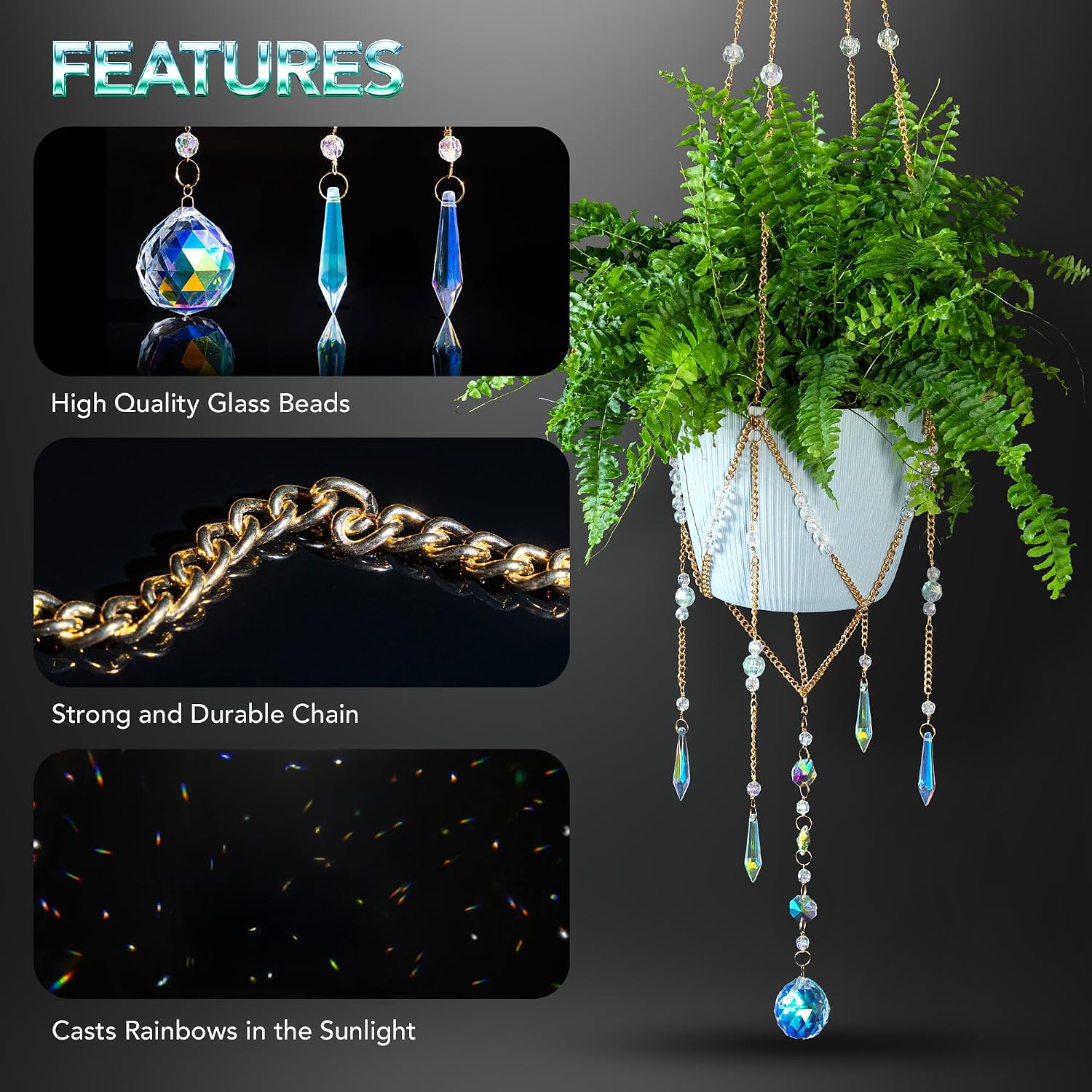 Sun Catcher Plant Hanger with Beads and Glass Crystal Ball Suncatcher. | Large Beaded Plant Hanger. Plant Accessories
