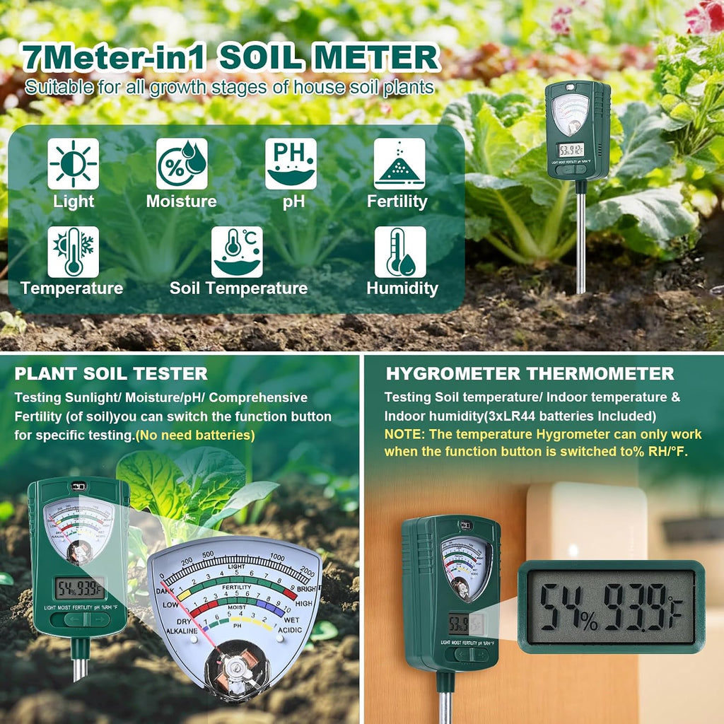7-in-1 Soil Tester for Soil Moisture pH Fertility Light Intensity, Soil Temp, Air Temp & Humidity, with Pointer and LCD