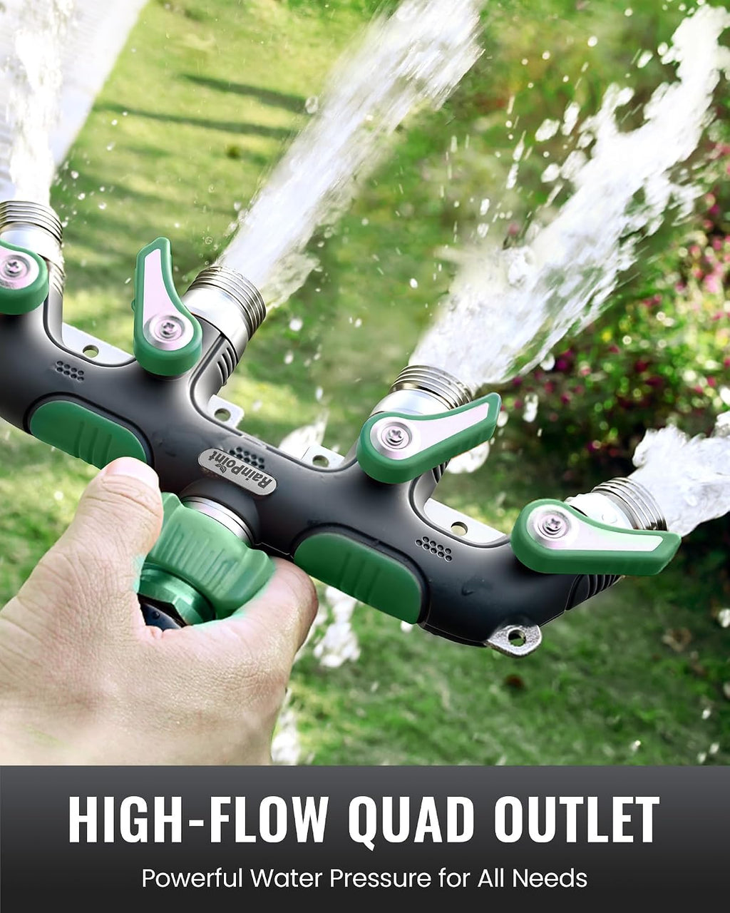 RAINPOINT 4 Way Garden Hose Splitter, 100% Metal Heavy Duty Water Hose Splitter with Individual Shut-Off Valves, 3/4"