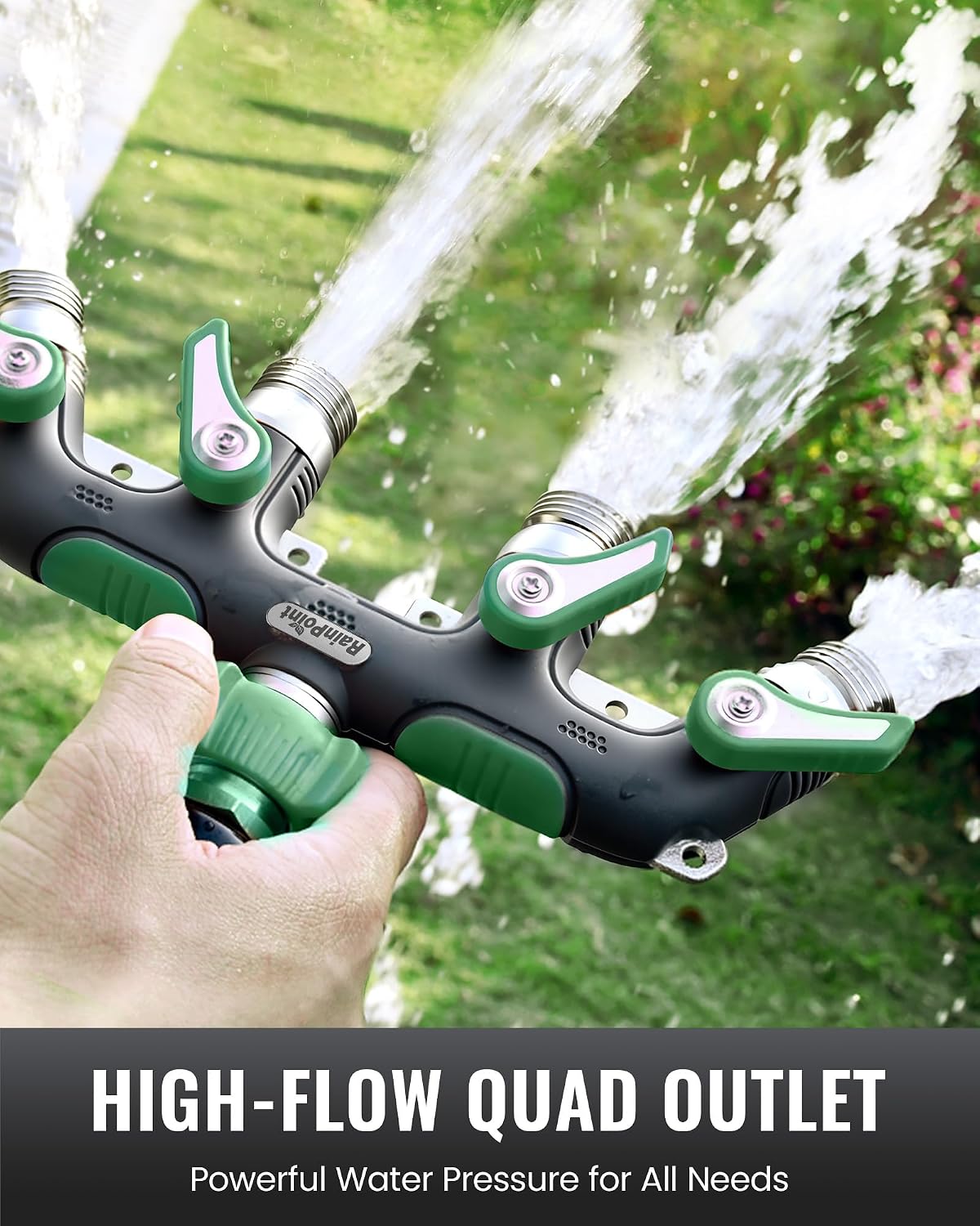 RAINPOINT 4 Way Garden Hose Splitter, 100% Metal Heavy Duty Water Hose Splitter with Individual Shut-Off Valves, 3/4"