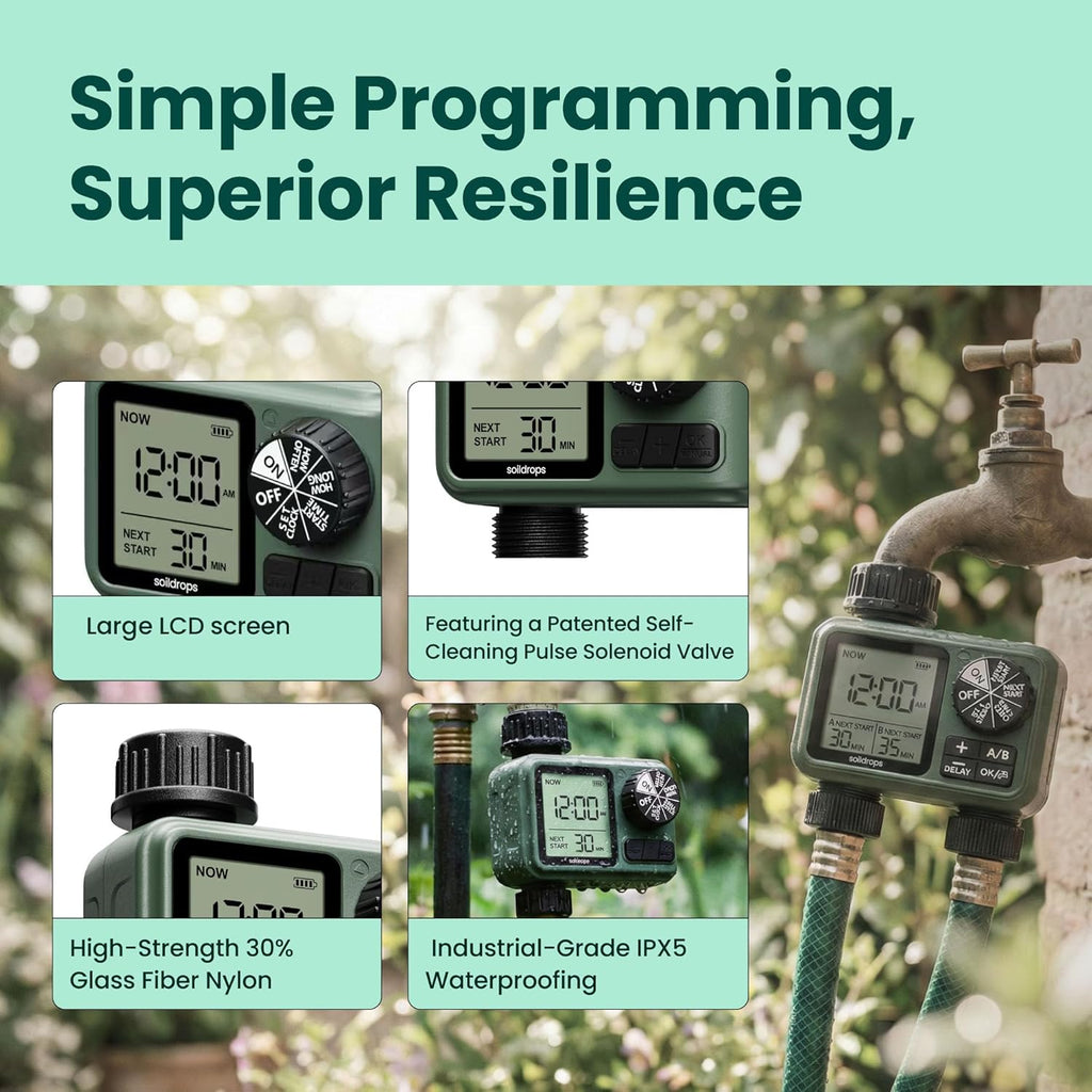 Garden Hose Sprinkler Timer 1 or 2 Outlet Programmable Controller | Self-cleaning valve, rain delay, auto-off, IPX5