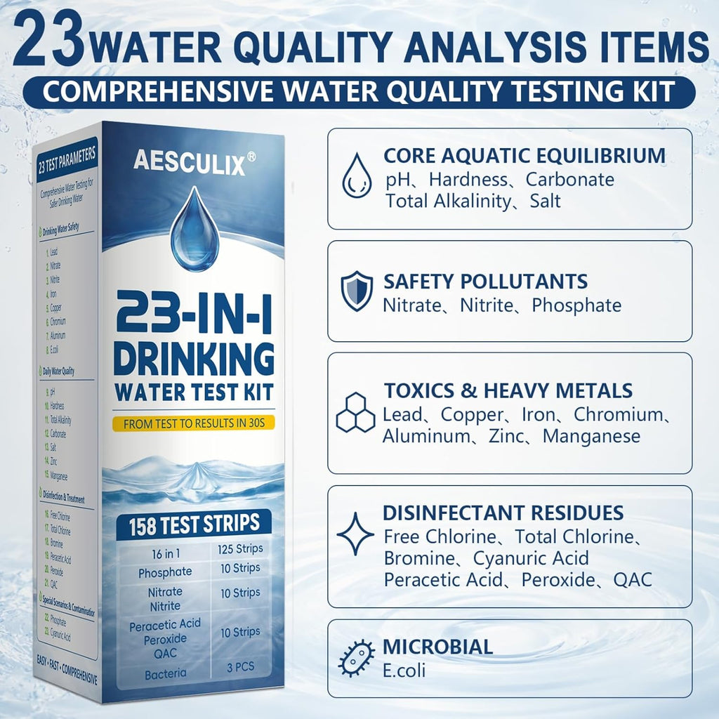 23 in 1 Water Test Kit for Drinking Water 158 Strips, Upgraded Home Water Testing Strips for Well & Tap Water, Detects