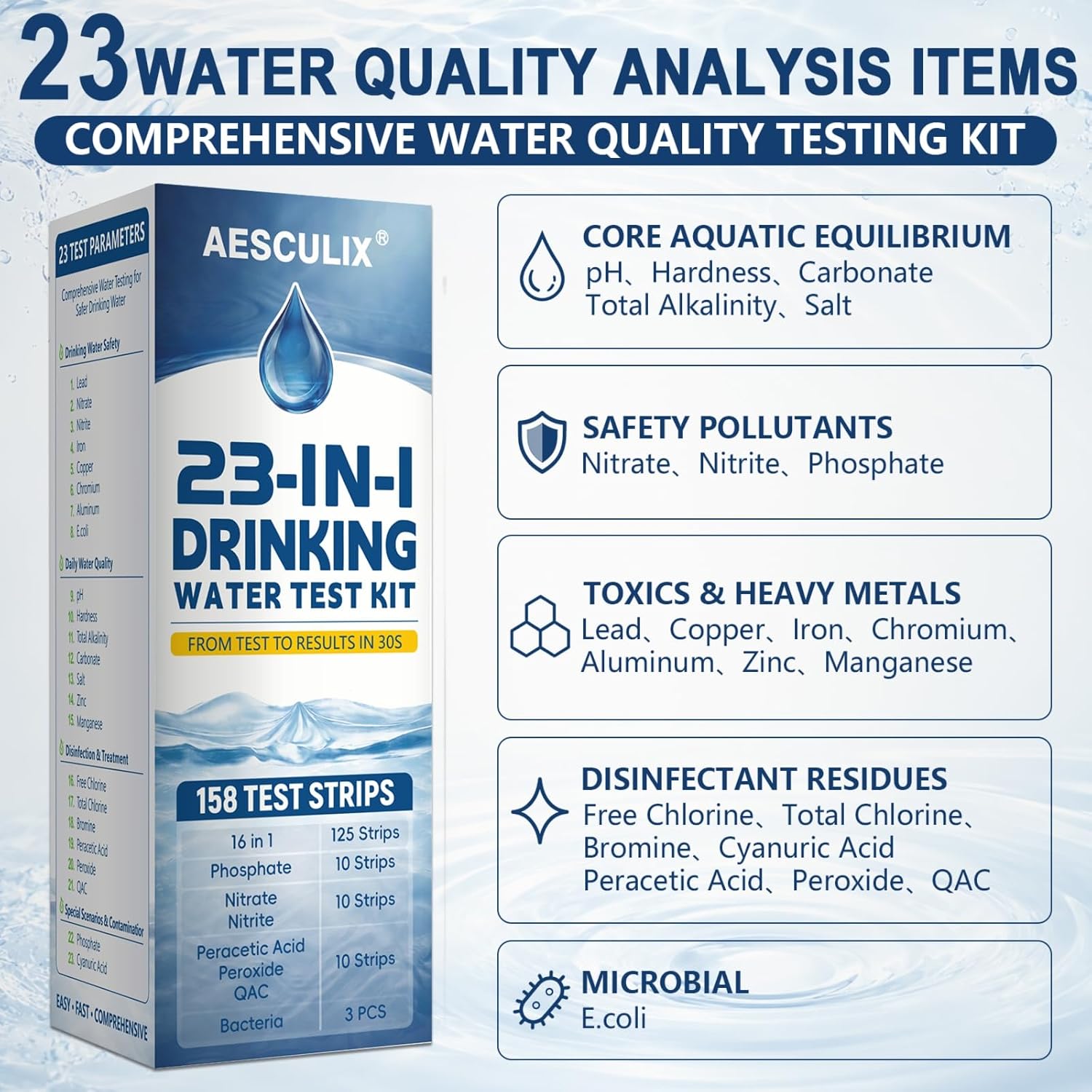 23 in 1 Water Test Kit for Drinking Water 158 Strips, Upgraded Home Water Testing Strips for Well & Tap Water, Detects