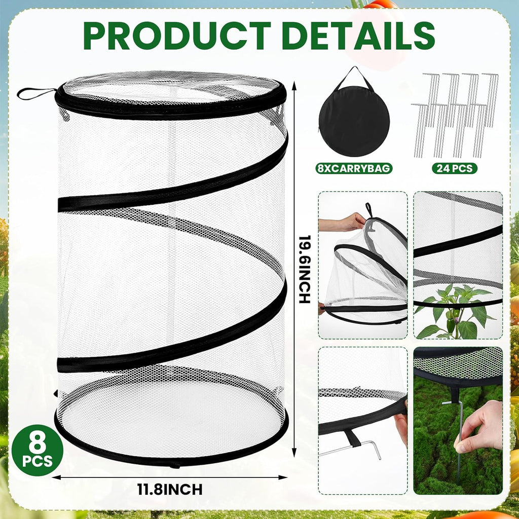 8 Pop up Mesh Plant Protectors from Animals Round Plant Netting Pest Cover Each Set with Stakes and Storage Bag for