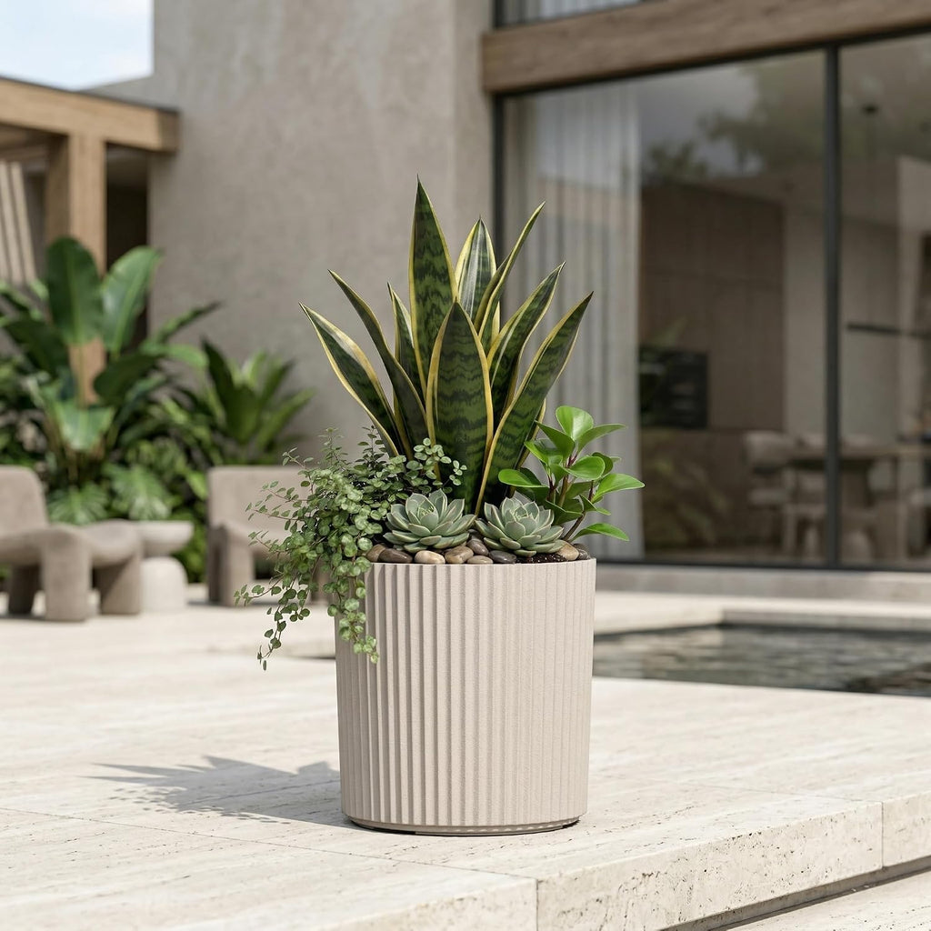 Mayne Haven 10in Round Fluted Modern Planter, Chai | Round fluted modern design, All Season, Fade resistant