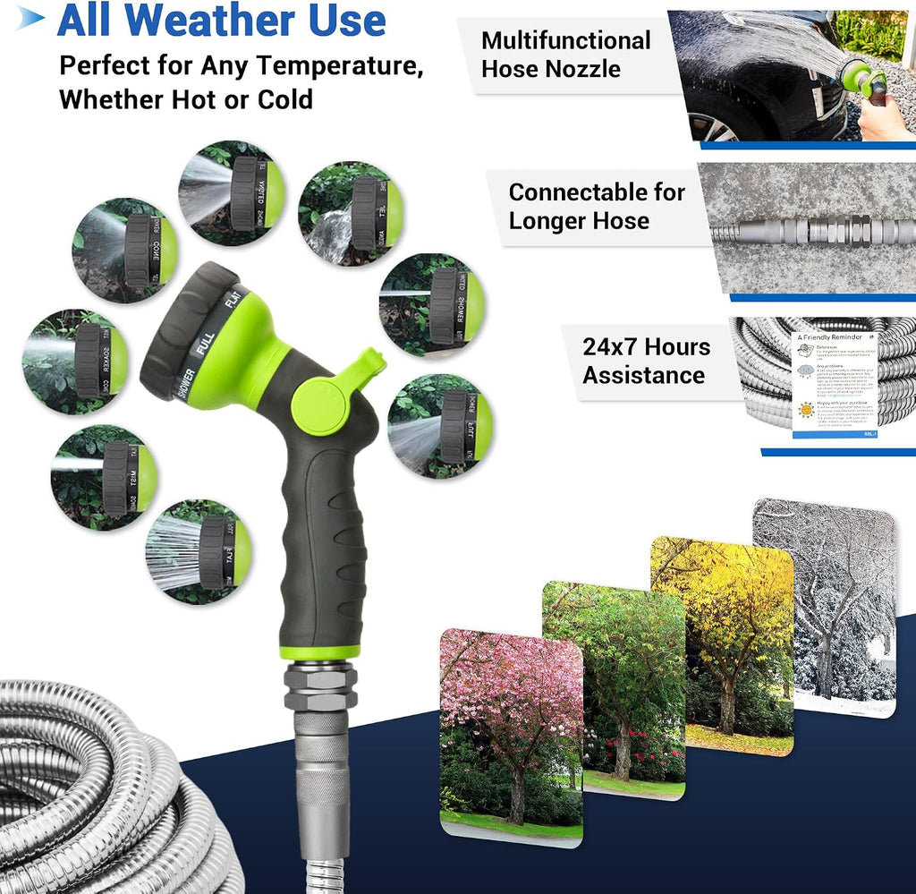 50 FT Stainless Steel Garden Hose – Heavy Duty 50FT Metal Water Hose Pipe | 304 Steel, No-Kink, Puncture Resistant