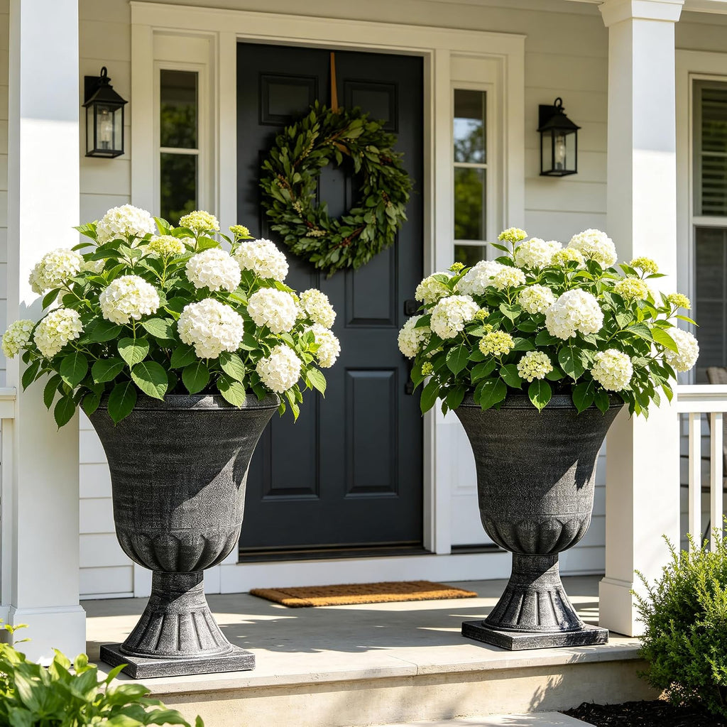 Autodaya 22" Tall Urn Planters for Outdoor Plants Set of 2 Large Flower Pot | 3D Textured Washed Black Pedestal Outdoor