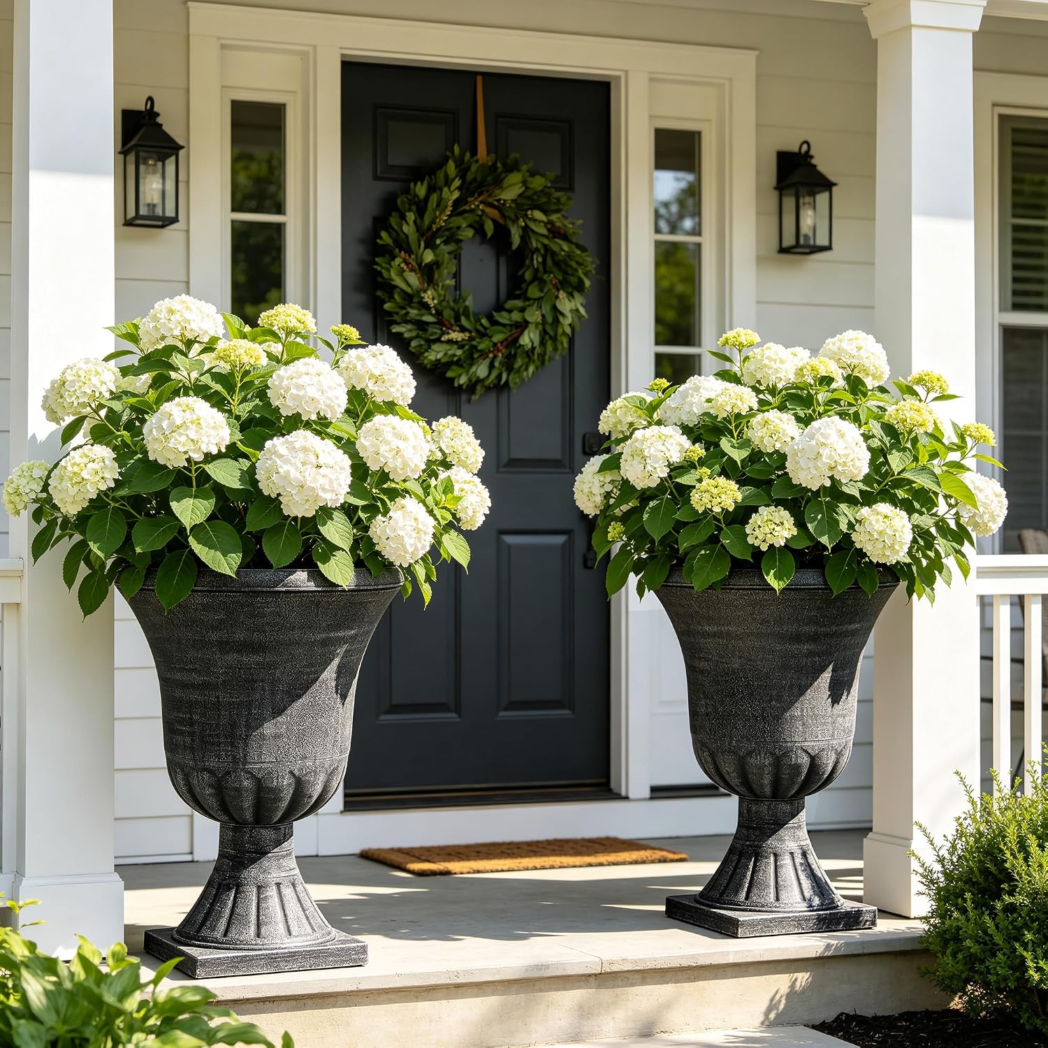 Autodaya 22" Tall Urn Planters for Outdoor Plants Set of 2 Large Flower Pot | 3D Textured Washed Black Pedestal Outdoor