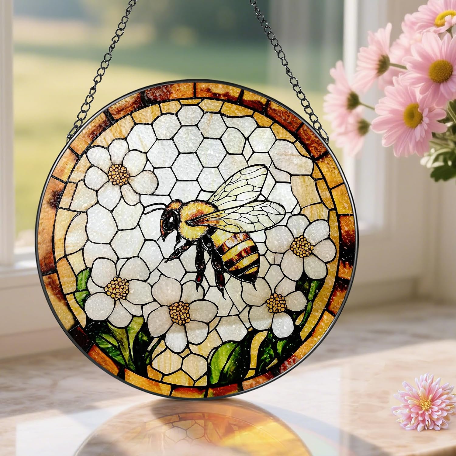 Bee Wildflowers Stained Glass Suncatcher, Stained Glass Window Hanging, 8 Inch Honey Bee Suncatcher, Honeybee Gifts for