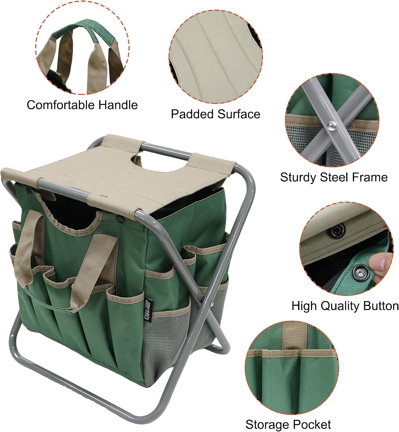Folding Gardening Stool with Detachable Storage Tote Bag, Gardening Tools Set Organizer for Fishing Outdoor Sports