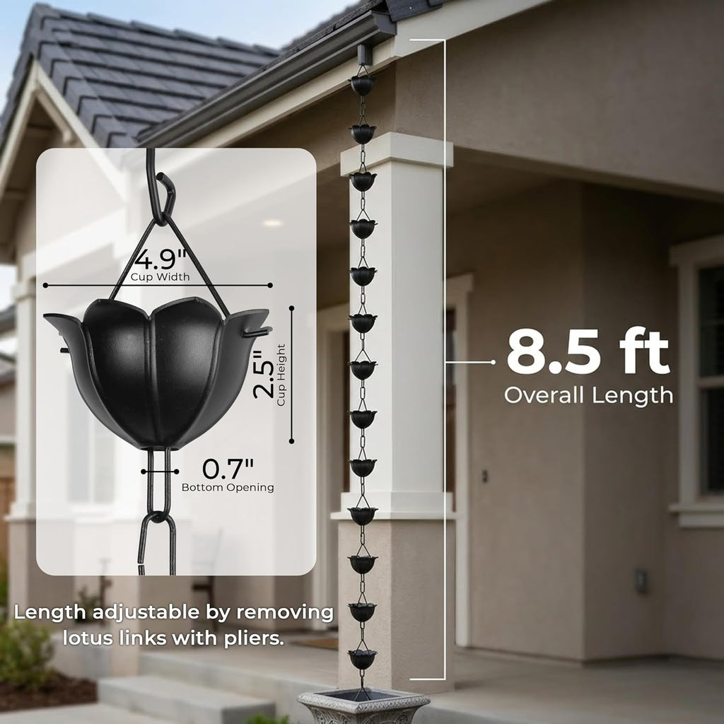 Gardzen Aluminum Rain Chain for Gutter | 8.5 Feet Decorative Rainchain with 13 Flower Cups, Heavy Duty Outside Rain