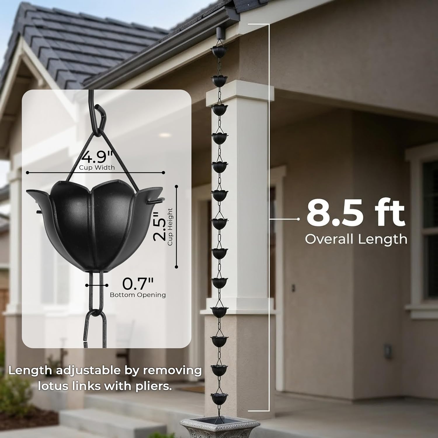 Gardzen Aluminum Rain Chain for Gutter | 8.5 Feet Decorative Rainchain with 13 Flower Cups, Heavy Duty Outside Rain