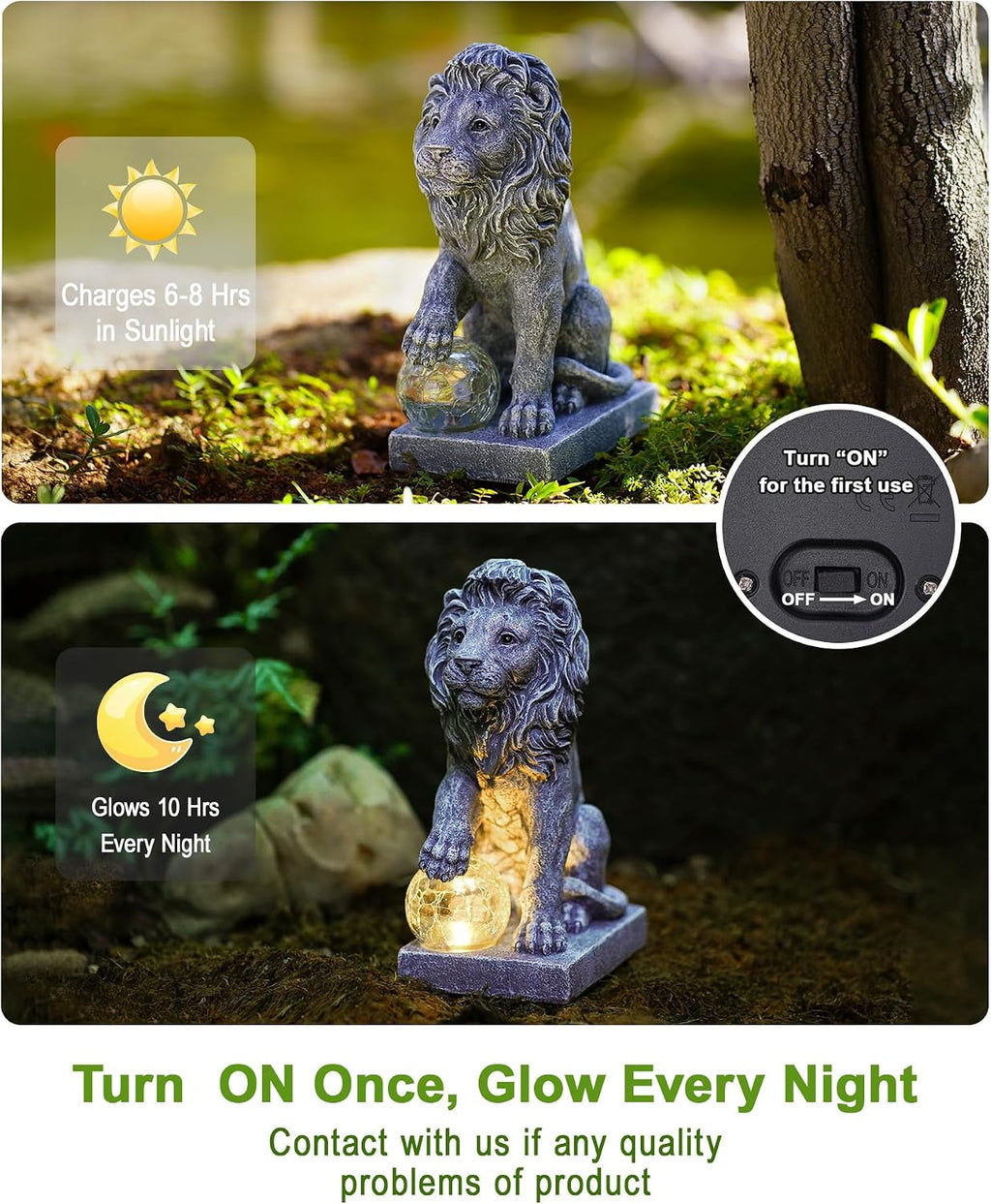 Guardian Lion Outdoor Statues for Garden with Solar Ball (Grey) | 9.45in IP65 Waterproof,Outside Decor, Yard Art Lawn