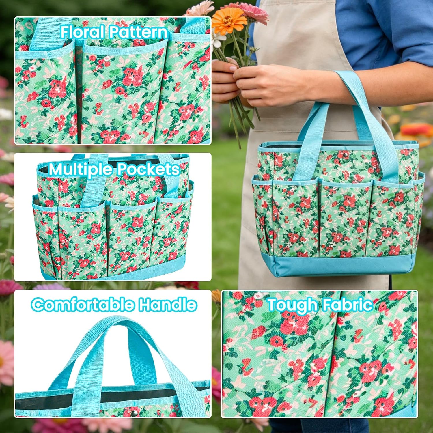 Garden Tools 10 Pack Floral Pattern Garden Tool Set with Tote Bag, Rust-Proof Aluminum Gardening Tools Set, Heavy Duty