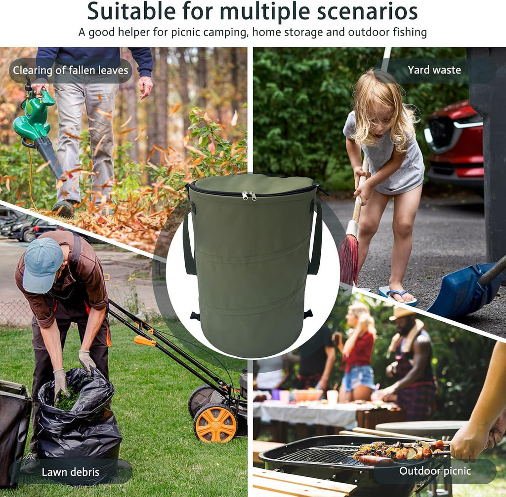 Pop up Camping Trash can,24 Gallon Collapsible Garden can with lid(Green) | Reusable Lawn and Leaf Bag with Sorting