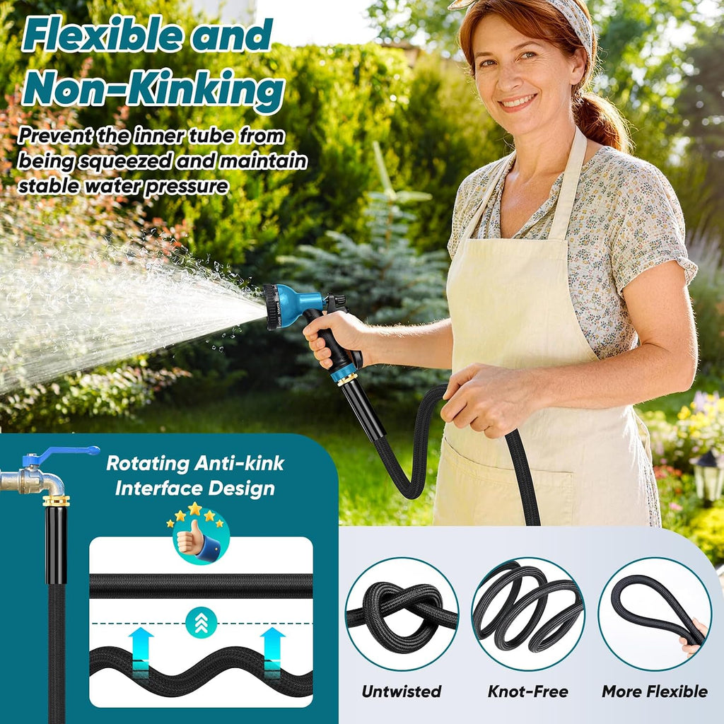 Garden Hose 100FT Non-Expanding, Lightweight Hose With 10-Function Nozzle, Leak-Proof No-Knot, Easy to Carry
