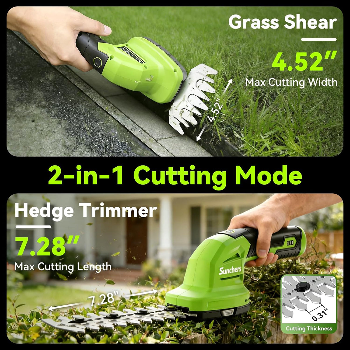 2 in 1 Hedge Trimmer Cordless, 7.2V Electric Grass Cutter Hedge Shears, Handheld Shrub Bush Trimmer, Lightweight Grass