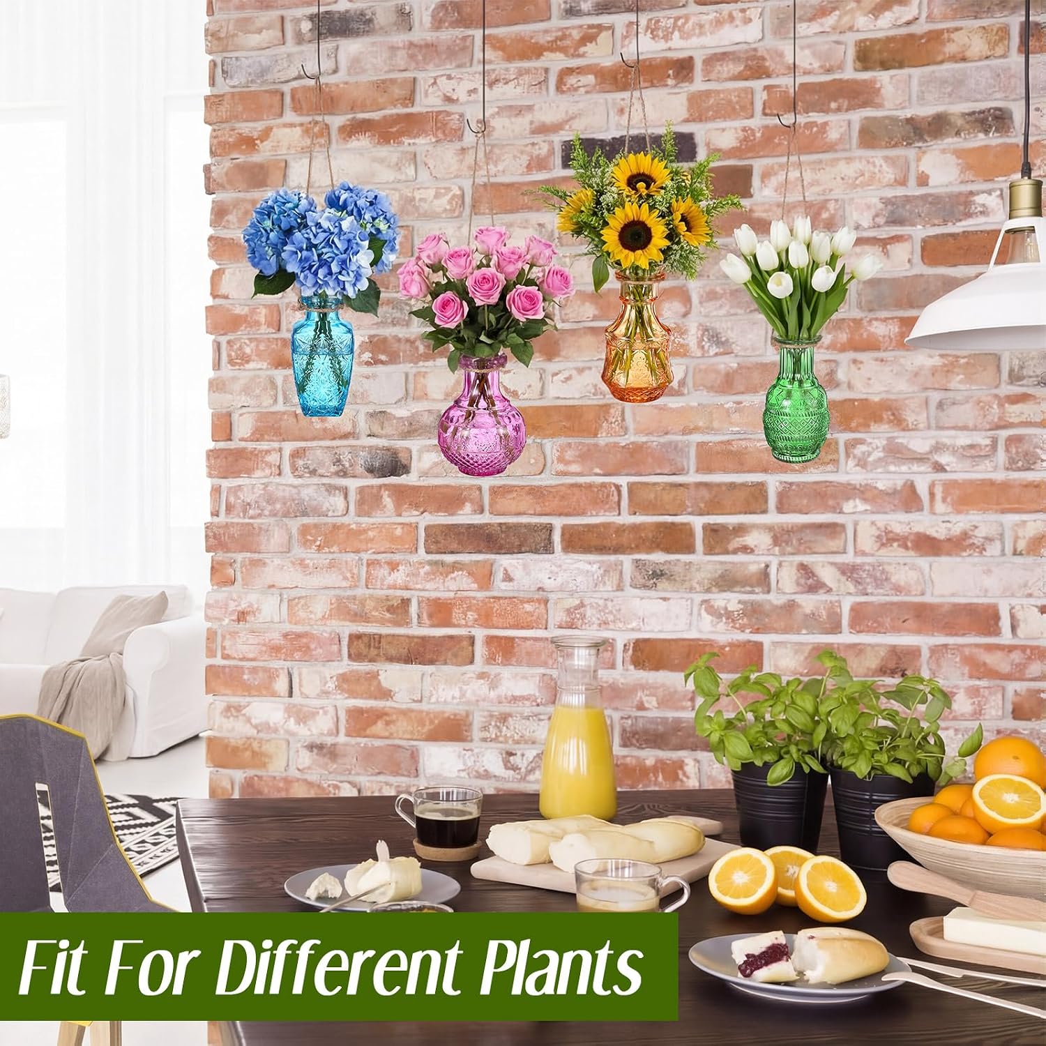 4 Pcs Stained Glass Hanging Vases Hanging Glass Planters Small Plant Terrarium Pot Containers with Rope for Garden Home