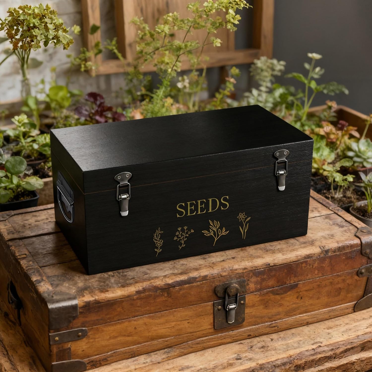Bamboo Seed Storage Organizer, Large Garden Seed Organizer with Lid & Safety Lock & Handles, Seed Box Includes Seed