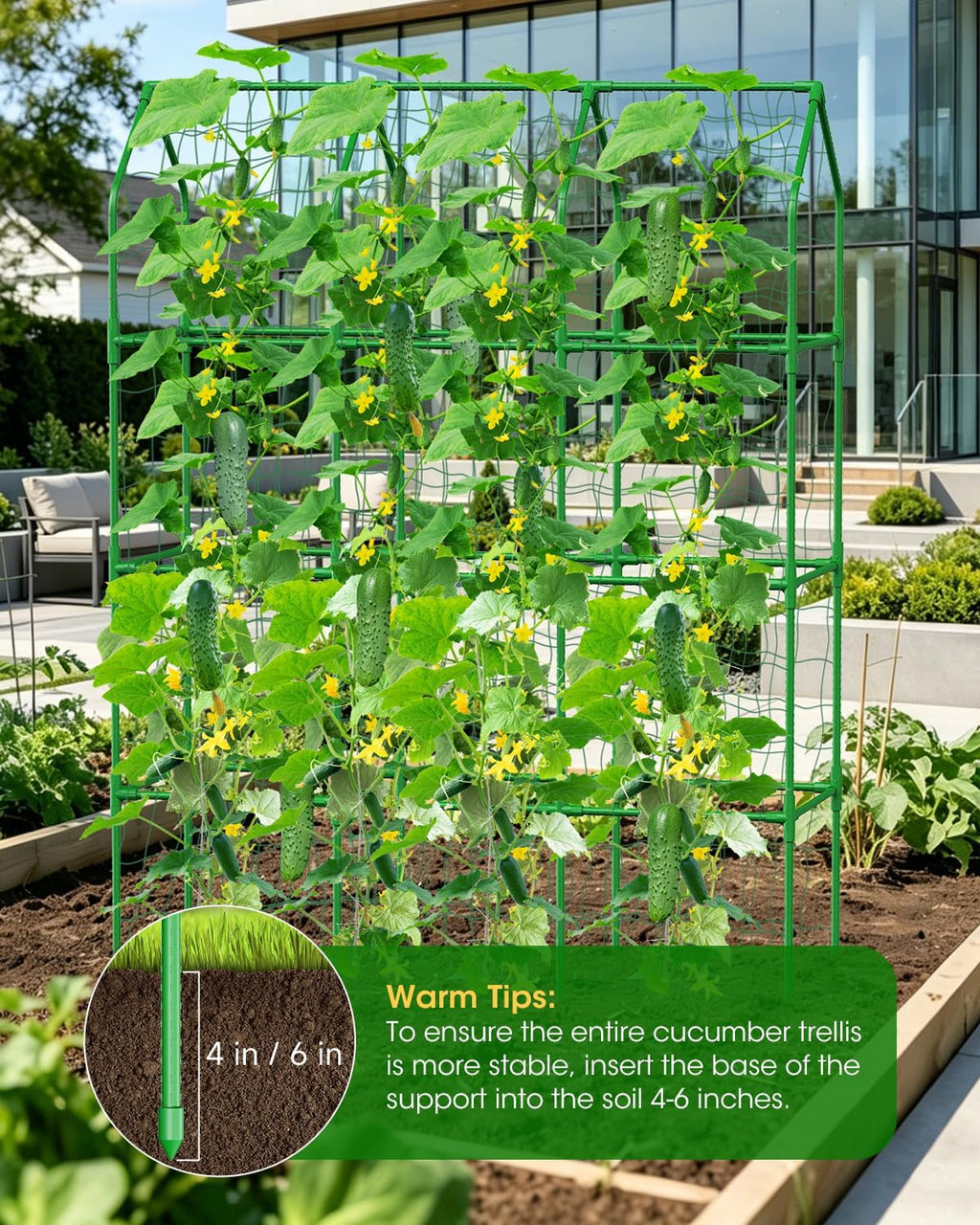 65" Cucumber Trellis for Climbing Plants Outdoor, Metal Garden Trellis for Raised Bed, Plant Support Structures with